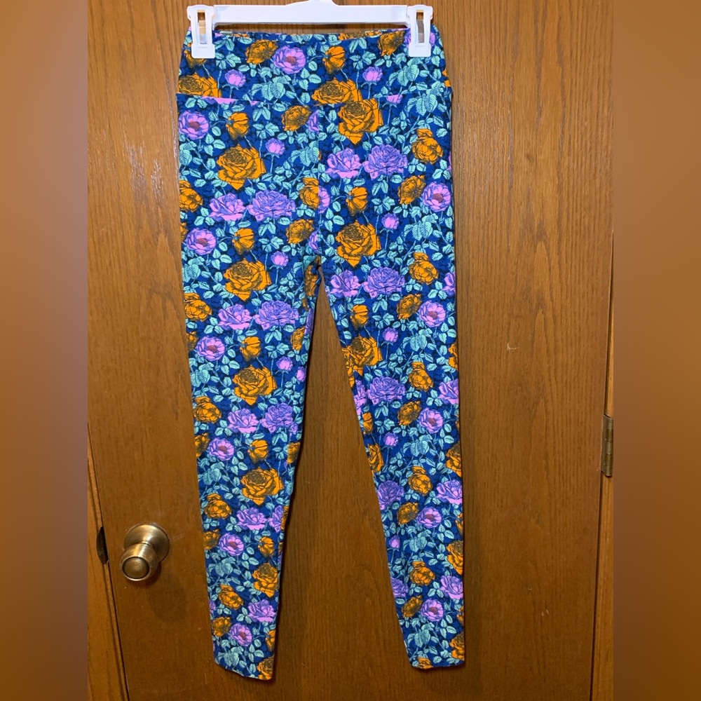 NWOT- LuLaRoe One Size Leggings – Blue Floral with Orange & Purple Roses